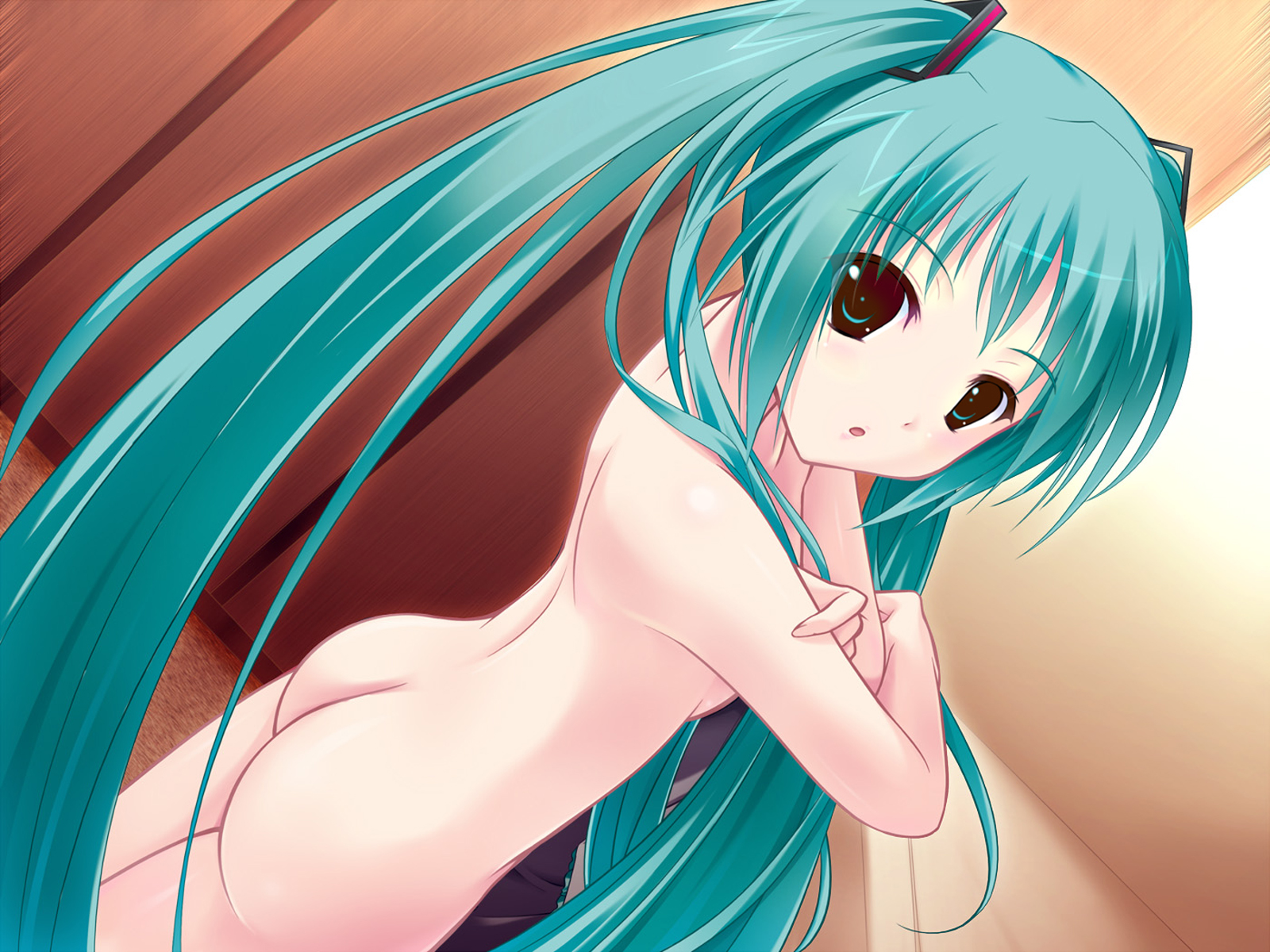 amino, amino kohaku, hatsune miku, vocaloid, highres, 1girl, ass, breasts, dutch angle, female focus, flat chest, green eyes, green hair, long hair, matching hair/eyes, nude, solo, standing, twintails, very long hair