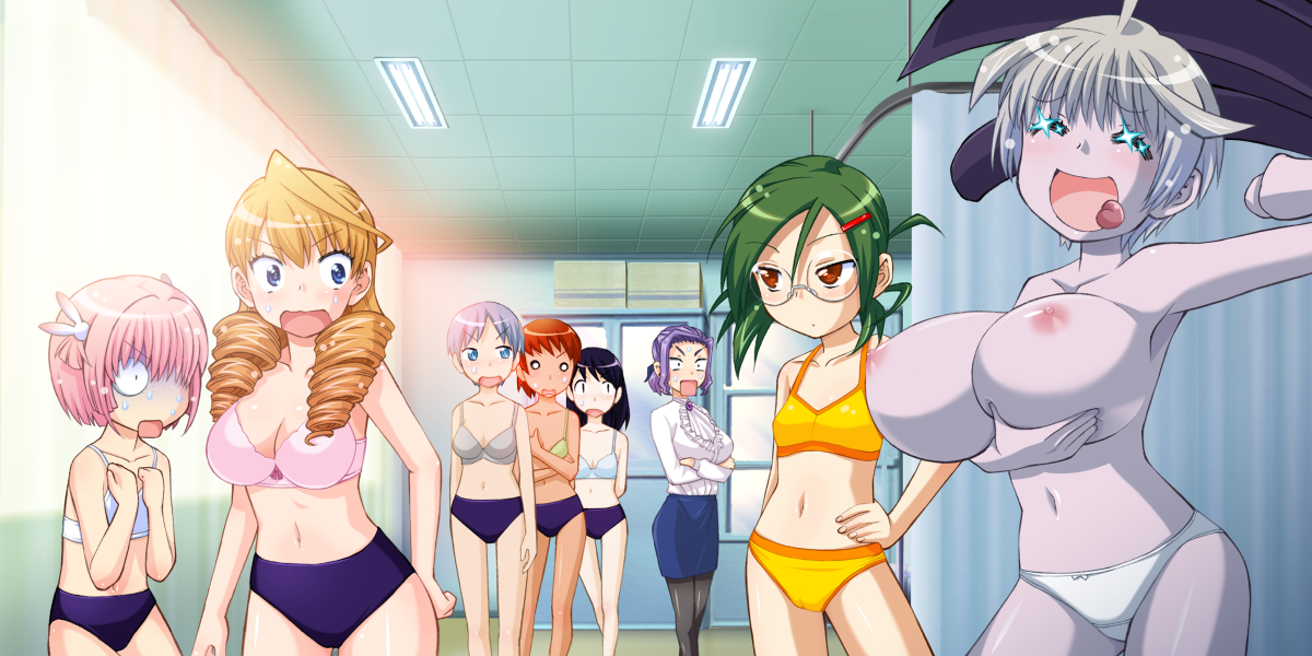 wamusato haru, hata rion, nishiwa hatoko, shii hazuki, shouji sonomi, yoneo uri, love & dead, black legwear, silver hair, 6+girls, black hair, blonde hair, blue bra, blue skirt, bow, bow bra, bow panties, bra, breast envy, breasts, brown hair, buruma, drill hair, everyone, flat chest, glasses, green bra, green hair, grey bra, huge breasts, lingerie, looking at breasts, multiple girls, nipples, panties, pink bow, pink bra, pink hair, purple hair, shirt, skirt, teacher, topless female, underwear, underwear only, undressing, white bra, white panties, white shirt, yellow bra, yellow panties