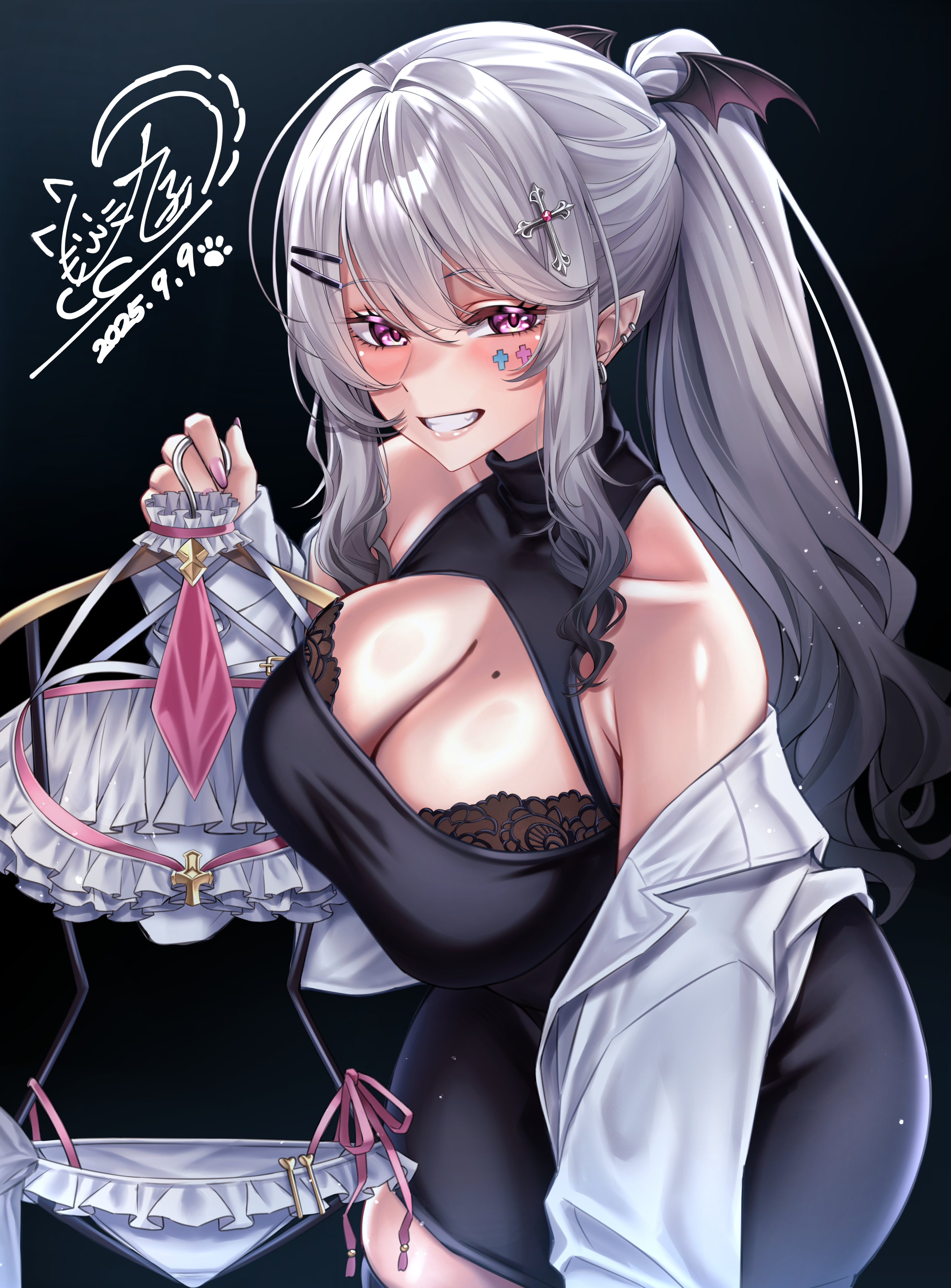 wanzi (99wanzi99), aoi hinamori, indie virtual youtuber, absurdres, highres, 1girl, bikini, black background, black dress, blush, breasts, cowboy shot, dated, dress, grey hair, high ponytail, holding, holding swimsuit, holding unworn clothes, large breasts, long hair, parted lips, pointy ears, ponytail, purple eyes, signature, simple background, smile, solo, swimsuit, unworn bikini, unworn swimsuit, virtual youtuber, white bikini