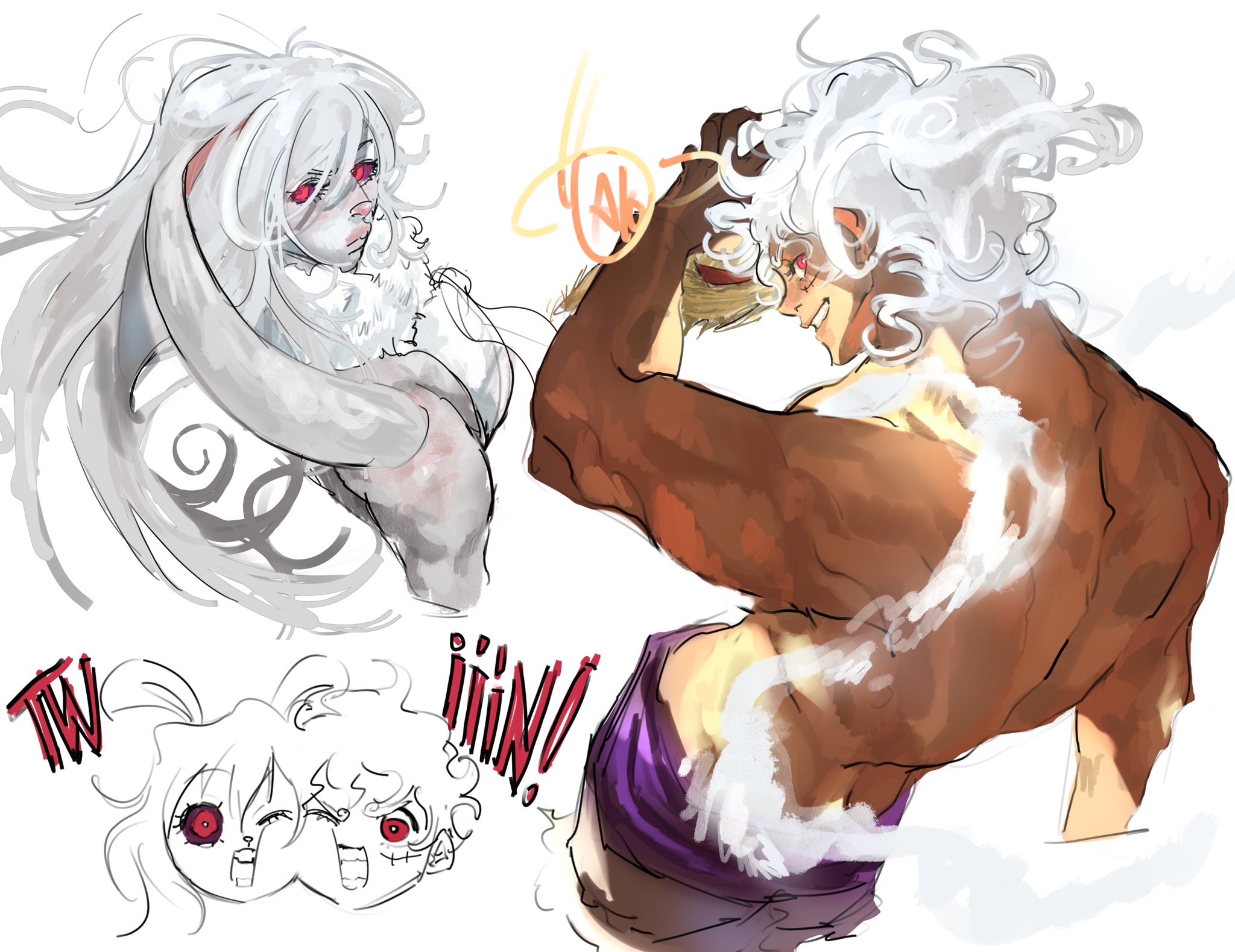 carrot (one piece), monkey d. luffy, one piece, commentary, english commentary, highres, 1boy, 1girl, alternate form, alternate muscle size, animal ears, cloud hair, facial scar, from behind, fur collar, gear fifth, grin, haloverheel, hat, holding, holding unworn clothes, holding unworn hat, long hair, medium hair, muscular, muscular male, rabbit ears, rabbit girl, red eyes, scar, scar on cheek, scar on face, simple background, sketch, smile, straw hat, sulong form, teeth, trait connection, unworn hat, unworn headwear, upper body, white background, white fur