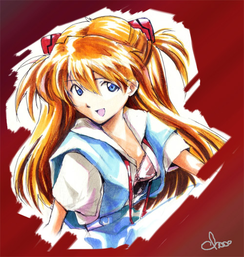 sadamoto yoshiyuki, souryuu asuka langley, neon genesis evangelion, blue eyes, clothes lift, long hair, red hair, school uniform, serafuku, skirt, skirt lift