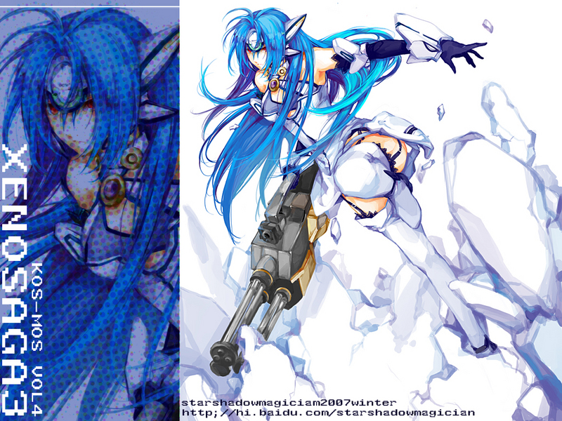 starshadowmagician, kos-mos, kos-mos ver. 4, xenosaga, xenosaga episode iii, 00s, 1girl, :<, android, blue hair, boots, elbow gloves, female focus, gloves, long hair, red eyes, solo, thigh boots, thighhighs