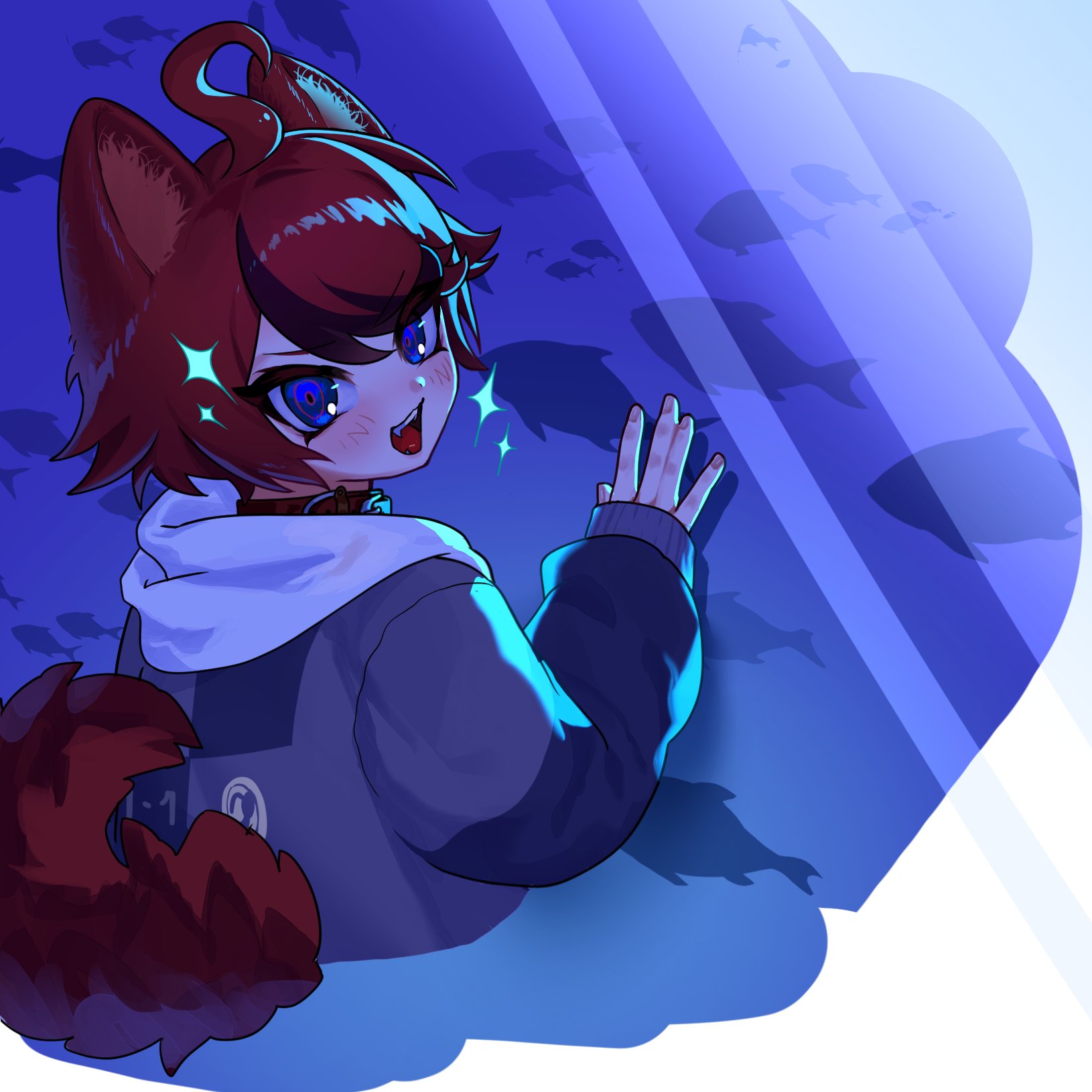 sumino takumi, the hundred line -last defense academy-, commentary request, highres, 1boy, ahoge, animal ear fluff, animal ears, black hair, blue eyes, collar, cropped torso, dog boy, dog ears, dog tail, fangs, fish, grey jacket, hood, hood down, jacket, kemonomimi mode, long sleeves, looking at viewer, looking back, male focus, multicolored hair, open mouth, red collar, red hair, short hair, smile, solo, sparkle, streaked hair, tail, toriuzima, tsurime, two-tone hair