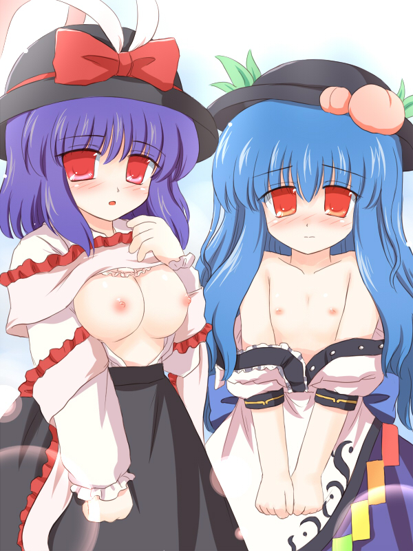 ry (yagoyago), hinanawi tenshi, nagae iku, touhou, 2girls, :o, black dress, blue hair, blush, bow, breasts, collarbone, dress, female focus, flat chest, food, fruit, hat, hat bow, leaf, lifting own clothes, multiple girls, nipples, parted lips, peach, purple hair, rainbow order, red bow, red eyes, shawl, shirt, short hair, standing, tareme, white shirt