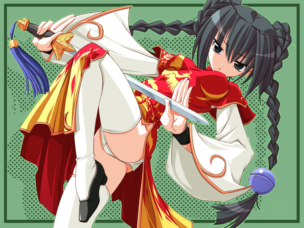 dream soft, tsurugi hagane, dreamsoft, character request, black hair, braid, china dress, chinese clothes, dress, long hair, panties, solo, sword, thighhighs, twin braids, underwear, weapon
