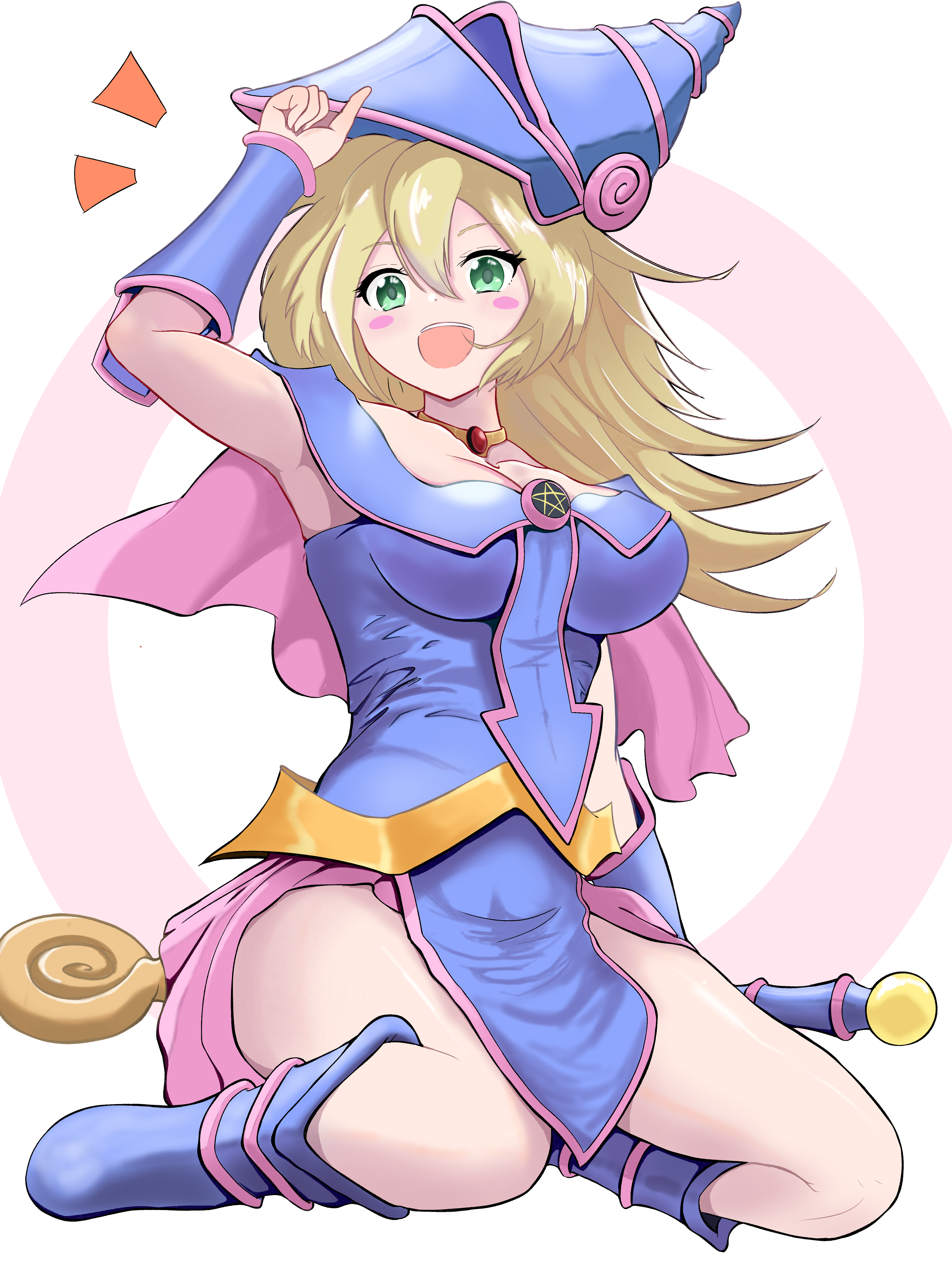 sumoto, dark magician girl, yu-gi-oh!, absurdres, highres, 1girl, arm up, armpits, blonde hair, blue boots, blue dress, blush, boots, breasts, cleavage, collarbone, detached collar, dress, duel monster, green eyes, hair between eyes, hat, jewelry, large breasts, long hair, looking at viewer, notice lines, open mouth, simple background, sitting, sleeveless, sleeveless dress, smile, solo, wariza, wizard hat