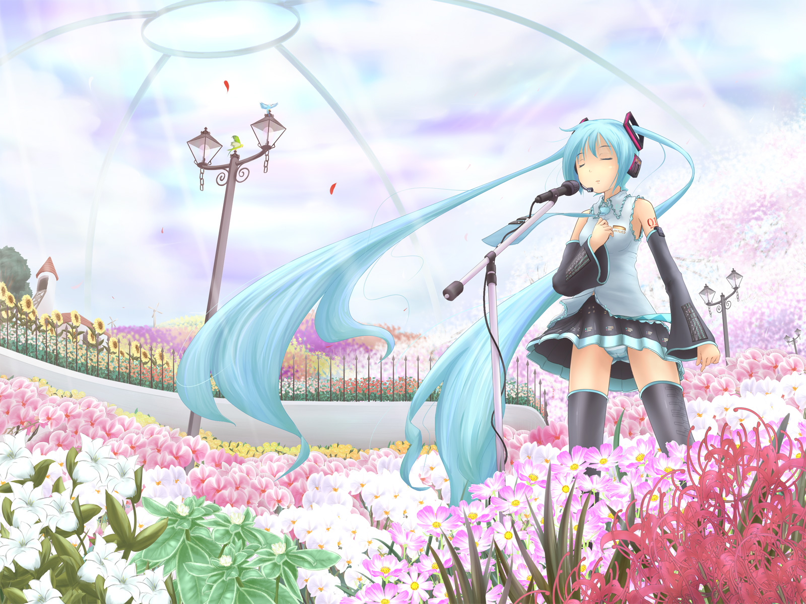 kou (garakuta teikoku), kou (haijindeath), hatsune miku, vocaloid, highres, 1girl, aqua hair, female focus, flower, long hair, microphone, microphone stand, panties, pantyshot, solo, striped clothes, striped panties, thighhighs, twintails, underwear, upskirt, very long hair