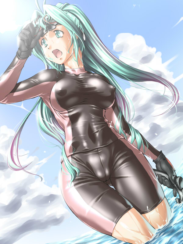 jon shicchiou, lindy harlaown, lyrical nanoha, mahou shoujo lyrical nanoha, mahou shoujo lyrical nanoha a's, mahou shoujo lyrical nanoha strikers, 00s, 1girl, black bodysuit, bodysuit, breasts, cameltoe, covered erect nipples, dutch angle, female focus, goggles, green eyes, green hair, large breasts, latex, long hair, matching hair/eyes, shiny clothes, single vertical stripe, skin tight, solo, spandex, wading, water, wet