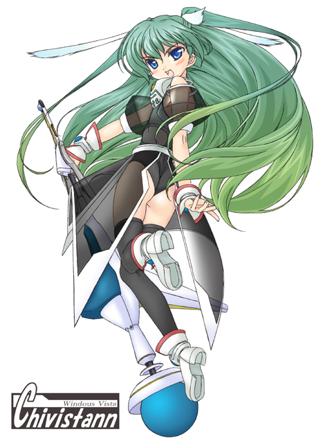 chiivistan, vista-tan, os-tan, 1girl, ankle boots, ass, blush, boots, female focus, from behind, full body, green hair, leotard, long hair, looking at viewer, puffy short sleeves, puffy sleeves, short sleeves, simple background, solo, very long hair, white background