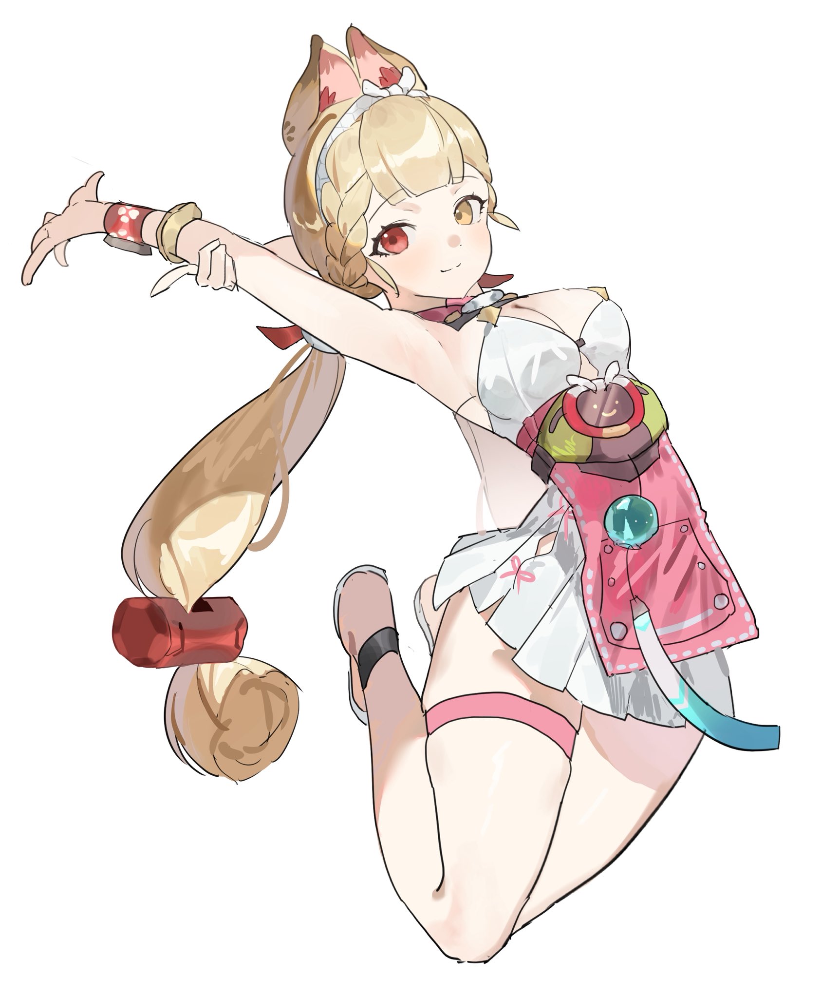 alice thymefield, alice thymefield (sea of thyme), zenless zone zero, highres, 1girl, animal ears, arm up, armband, armpits, bare shoulders, blonde hair, closed mouth, dodosaae, dress swimsuit, hair ornament, hand on own arm, heterochromia, long hair, looking at viewer, official alternate costume, one-piece swimsuit, rabbit ears, rabbit girl, red eyes, smile, solo, sphere hair ornament, swimsuit, thigh strap, twintails, watch, white background, white one-piece swimsuit, wristwatch, yellow eyes