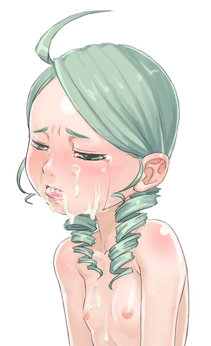 kanaria, rozen maiden, artist request, 00s, 1girl, breasts, cum, cum in mouth, cum on body, cum on breasts, cum on upper body, drill hair, facial, female focus, flat chest, green hair, loli, nipples, small breasts, solo, tears, topless female
