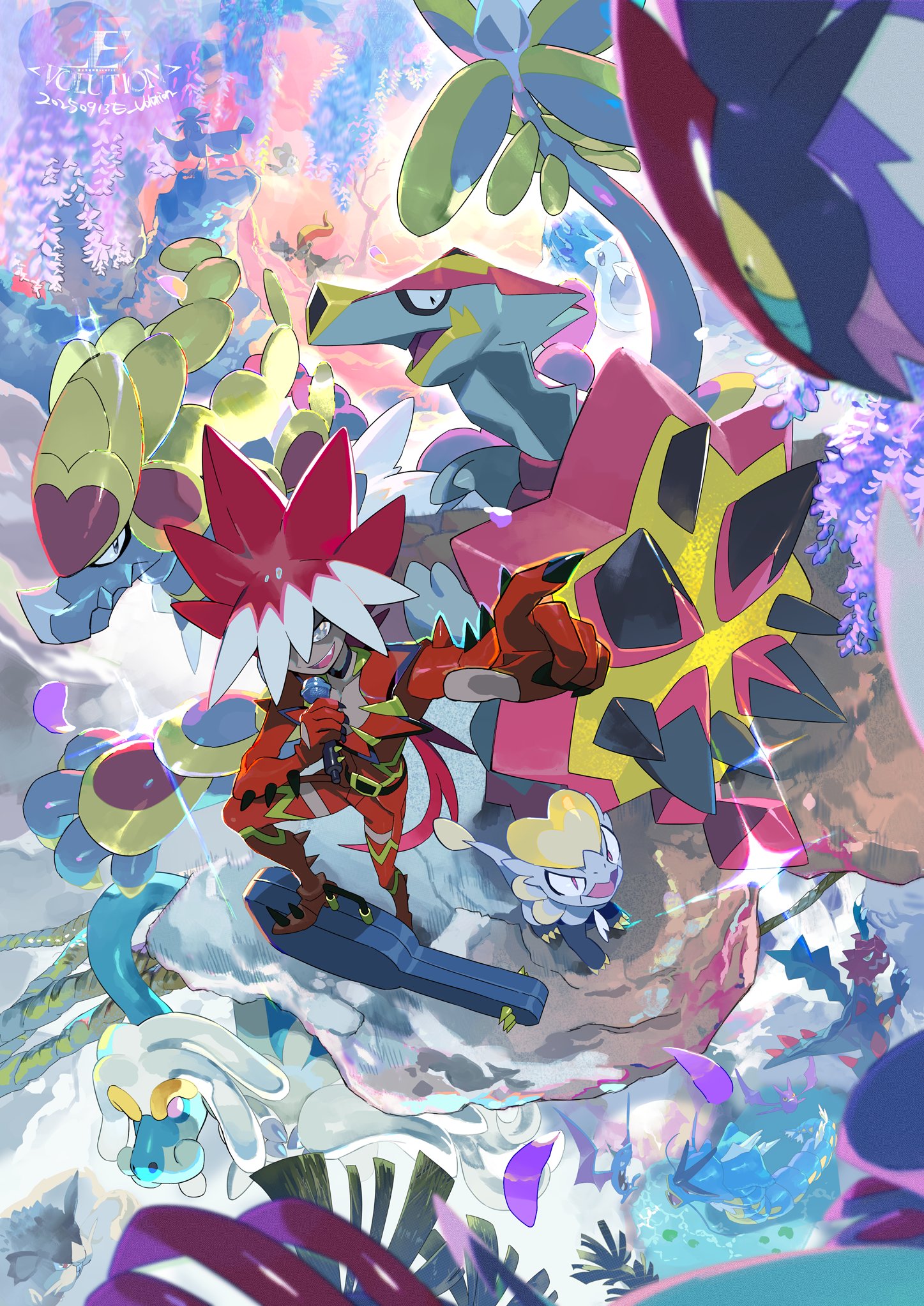 e volution, dratini, golbat, gyarados, noivern, nintendo, pokemon, character request, highres, 1boy, brown hair, dragon, gen 1 pokemon, gen 6 pokemon, guitar case, holding, holding microphone, instrument case, jacket, microphone, multicolored hair, pointing, pokemon (creature), red jacket, red shorts, shorts, spiked hair, standing, two-tone hair, white hair