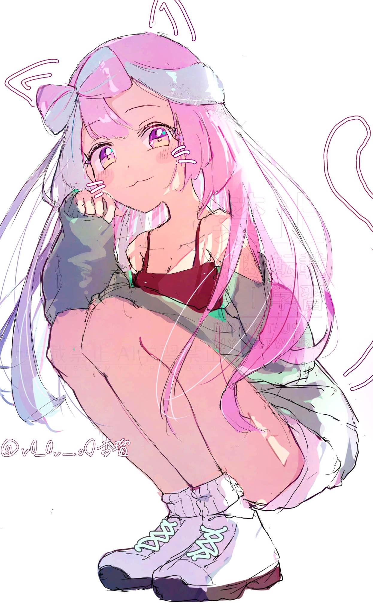 anzu (v0 0v o0), iono (pokemon), nintendo, pokemon, pokemon sv, highres, 1girl, :3, alternate costume, animal ears, bare shoulders, black tank top, blue hair, blush, bow-shaped hair, cat ears, cat girl, cat tail, closed mouth, collarbone, jacket, long hair, long sleeves, looking at viewer, multicolored hair, pink hair, purple eyes, shoes, shorts, smile, squatting, tail, tank top, two-tone hair, whiskers, white shorts