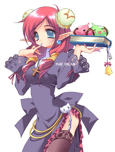 emily (pure dream), poring, priest (ragnarok online), ragnarok online, 1girl, bell, blue eyes, blue nails, blush, book, bow, bun cover, cathead, cross, double bun, earrings, female focus, finger to mouth, hair bun, jewelry, latin cross, nail polish, necklace, pointy ears, priest, red hair, simple background, solo, star (symbol), thighhighs