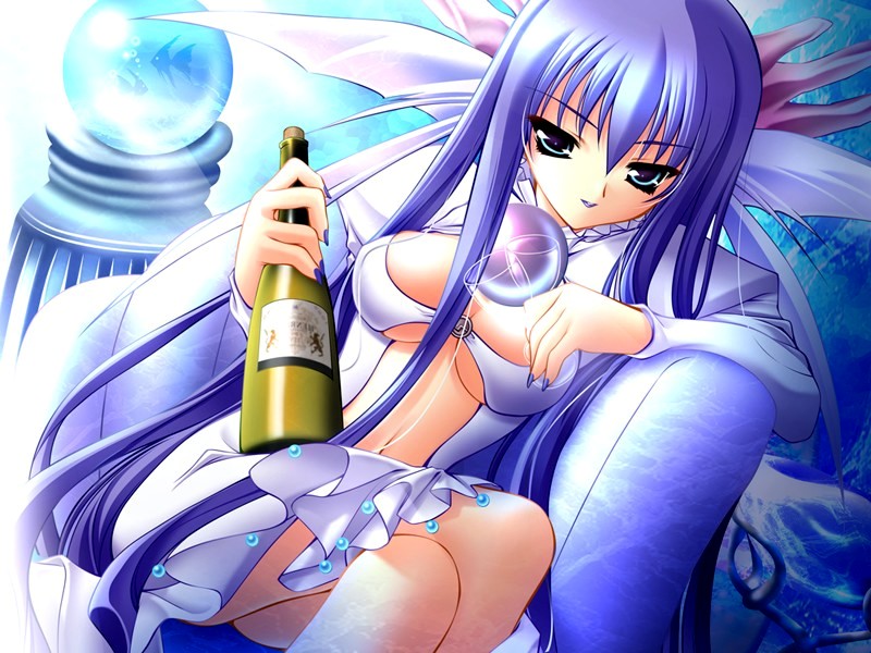 carnelian, dorothea alstroemeris, moldavite, game cg, 1girl, alcohol, aqua eyes, blue hair, blue nails, bottle, breasts, cleavage, crossed legs, dress, dutch angle, female focus, fins, fish, head fins, horns, lipstick, long hair, makeup, nail polish, sitting, solo, very long hair, wine