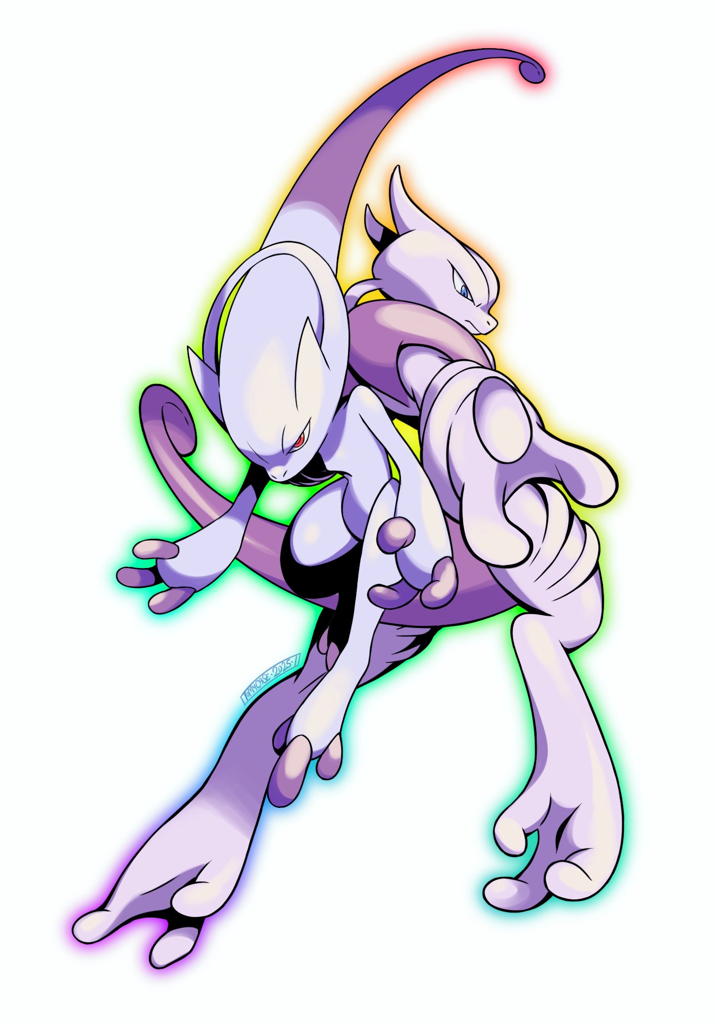 tomycase, mega mewtwo x, mega mewtwo y, mewtwo, nintendo, pokemon, highres, blue eyes, evolutionary line, full body, gen 1 pokemon, legendary pokemon, mega pokemon, pokemon (creature), red eyes, simple background, white background