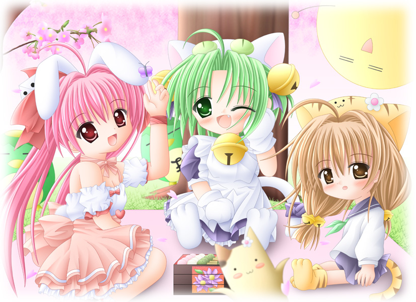 dejiko, gema, hokke mirin, majin gappa, puchiko, usada hikaru, di gi charat, 3girls, :d, = =, ahoge, animal ears, animal hat, bell, blush, bow, bowtie, brown eyes, brown hair, bug, butterfly, cat ears, cat hat, dice, fang, flower, frills, green eyes, green hair, hair ornament, hat, heart, jingle bell, long hair, looking at viewer, multiple girls, one eye closed, open mouth, pink hair, rabbit ears, red eyes, school uniform, serafuku, short hair, sitting, smile, wink