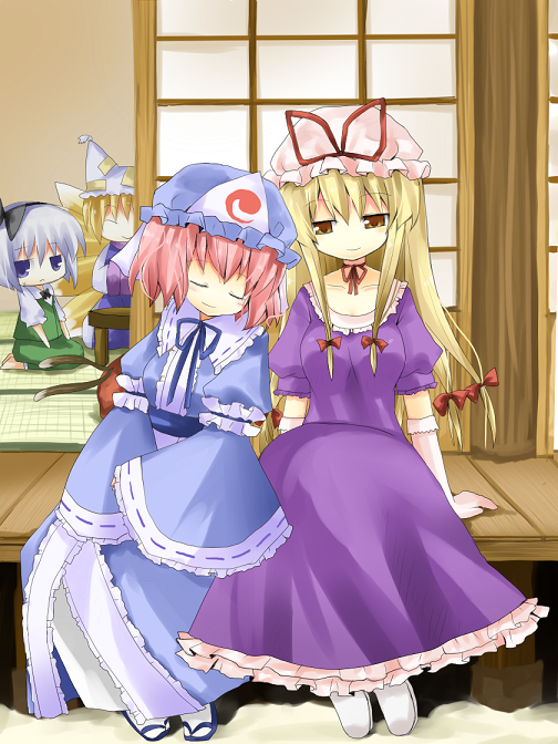 yuzuki (yuduame), chen, konpaku youmu, saigyouji yuyuko, yakumo ran, yakumo yukari, touhou, bad id, bad pixiv id, 4girls, animal hat, blonde hair, blue eyes, bow, cat tail, closed eyes, collarbone, dress, elbow gloves, female focus, fox tail, frills, geta, gloves, hair bow, hands in opposite sleeves, hat, leaning on person, long hair, long sleeves, mob cap, multiple girls, multiple tails, pink hair, porch, ribbon, sandals, sash, seiza, short hair, sitting, sliding doors, smile, table, tail, tassel, tatami, triangular headpiece, very long hair, wide sleeves, yellow eyes, zouri