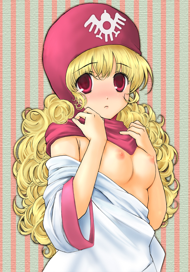 rinomure, princess of moonbrook, chunsoft, dragon quest, dragon quest ii, enix, 1980s (style), bad id, bad pixiv id, 1girl, blonde hair, blush, breasts, curly hair, female focus, hood, long hair, medium breasts, oldschool, red eyes, robe, solo, undressing