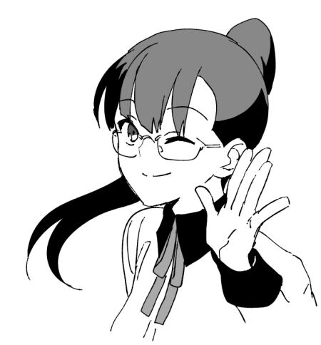 ikuhashi muiko, sumikaze touko, occultic;nine, science adventure, lowres, 1girl, black collar, black sleeves, collar, glasses, hair bun, high ponytail, long hair, long sleeves, looking at viewer, monochrome, neckerchief, one eye closed, ponytail, simple background, smile, solo, upper body, white background