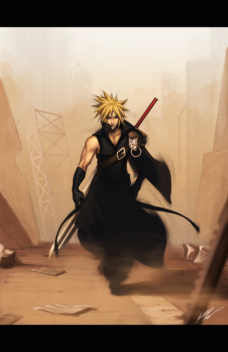 cloud strife, final fantasy, final fantasy vii, final fantasy vii advent children, artist request, highres, 00s, 1990s (style), 1boy, bare shoulders, blonde hair, gloves, letterboxed, male focus, manly, muscular, retro artstyle, shoulder pads, solo, spiked hair, sword, walking, weapon