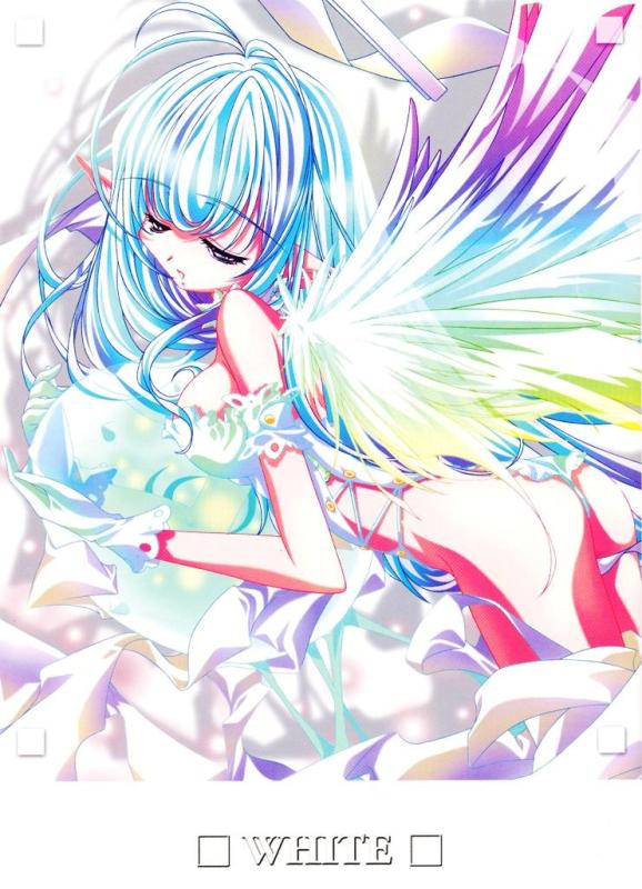 sugiyama genshou, 1girl, ass, bent over, blue hair, breasts, female focus, gloves, gradient hair, long hair, multicolored hair, open mouth, pointy ears, solo, wings