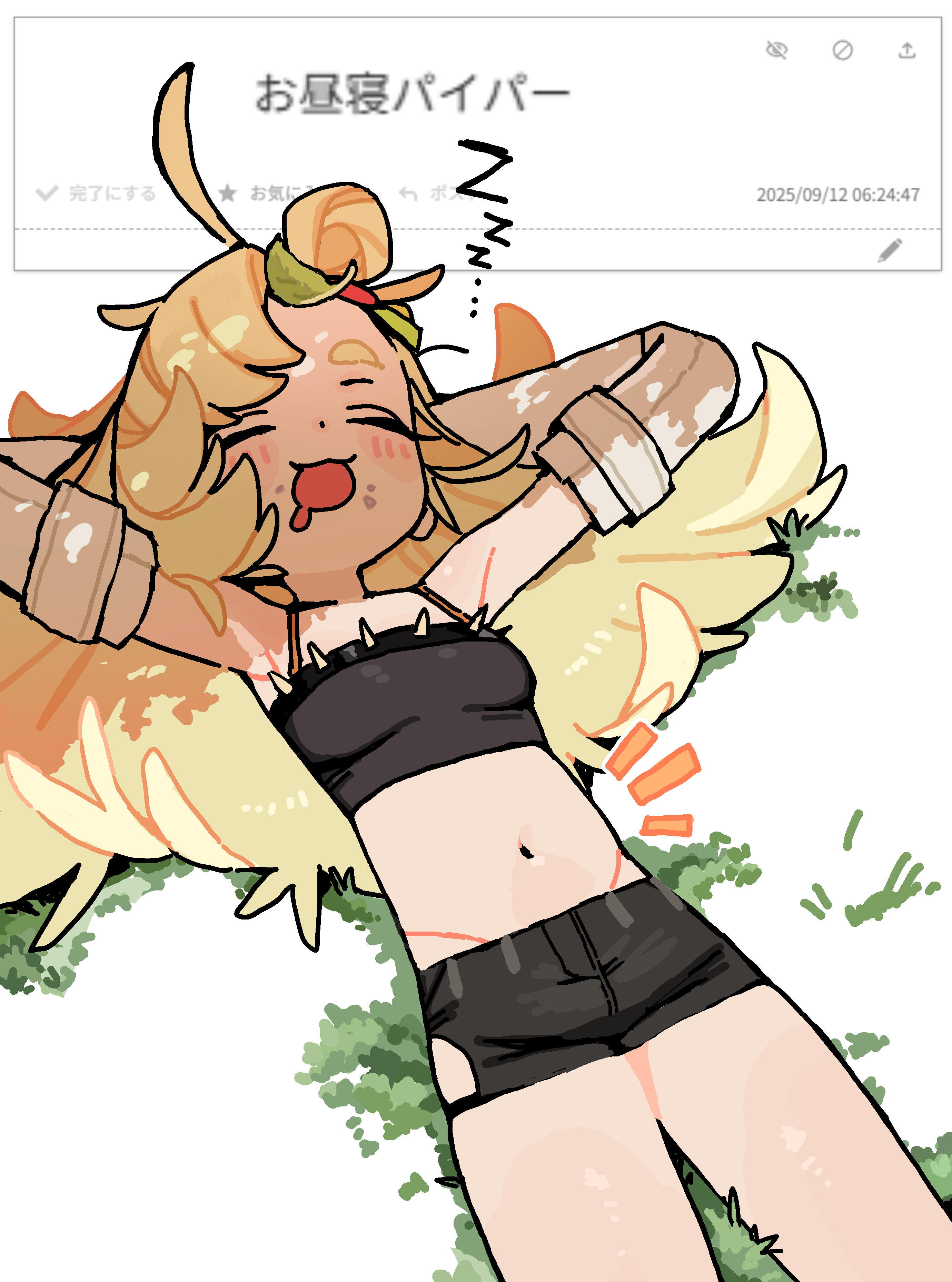 andii (anzai teachco), piper wheel, zenless zone zero, absurdres, highres, 1girl, ahoge, armpits, arms behind head, bare shoulders, black shorts, black tube top, blonde hair, closed eyes, clothing cutout, crop top, detached sleeves, grass, leaf, long hair, lying, navel, on back, on grass, open mouth, saliva, shorts, side cutout, sleeping, solo, spiked shirt, stomach, strapless, thigh cutout, thighs, tube top, white background, yawning