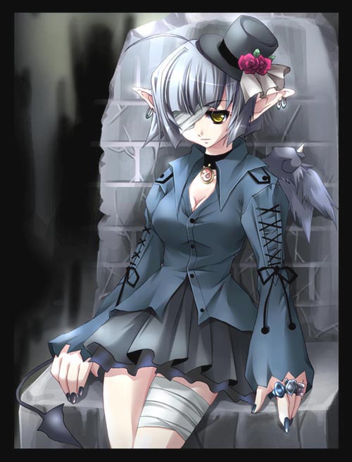ta kaana, original, silver hair, 1girl, ahoge, bandages, black wings, breasts, choker, cleavage, demon tail, earrings, eyepatch, female focus, hat, jewelry, nail polish, pointy ears, ring, short hair, single wing, sitting, solo, tail, wings, yellow eyes