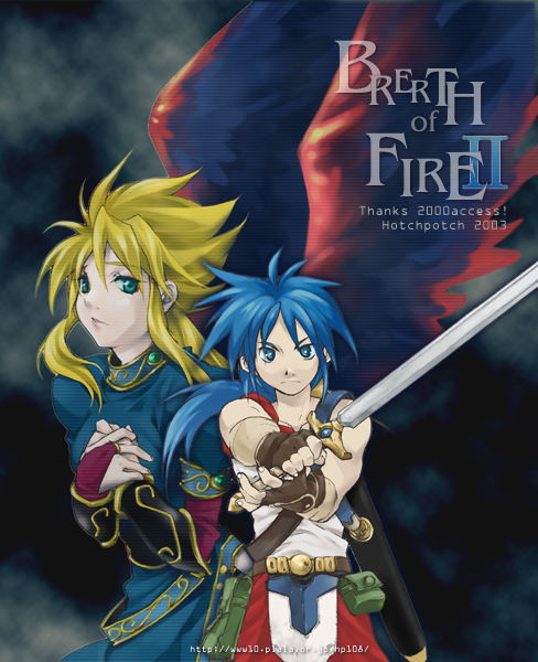 hotchpotch, nina (breath of fire ii), ryu (breath of fire ii), breath of fire, breath of fire ii, capcom, 1boy, 1girl, angel wings, black wings, blonde hair, dress, green eyes, long hair, sword, weapon, wings