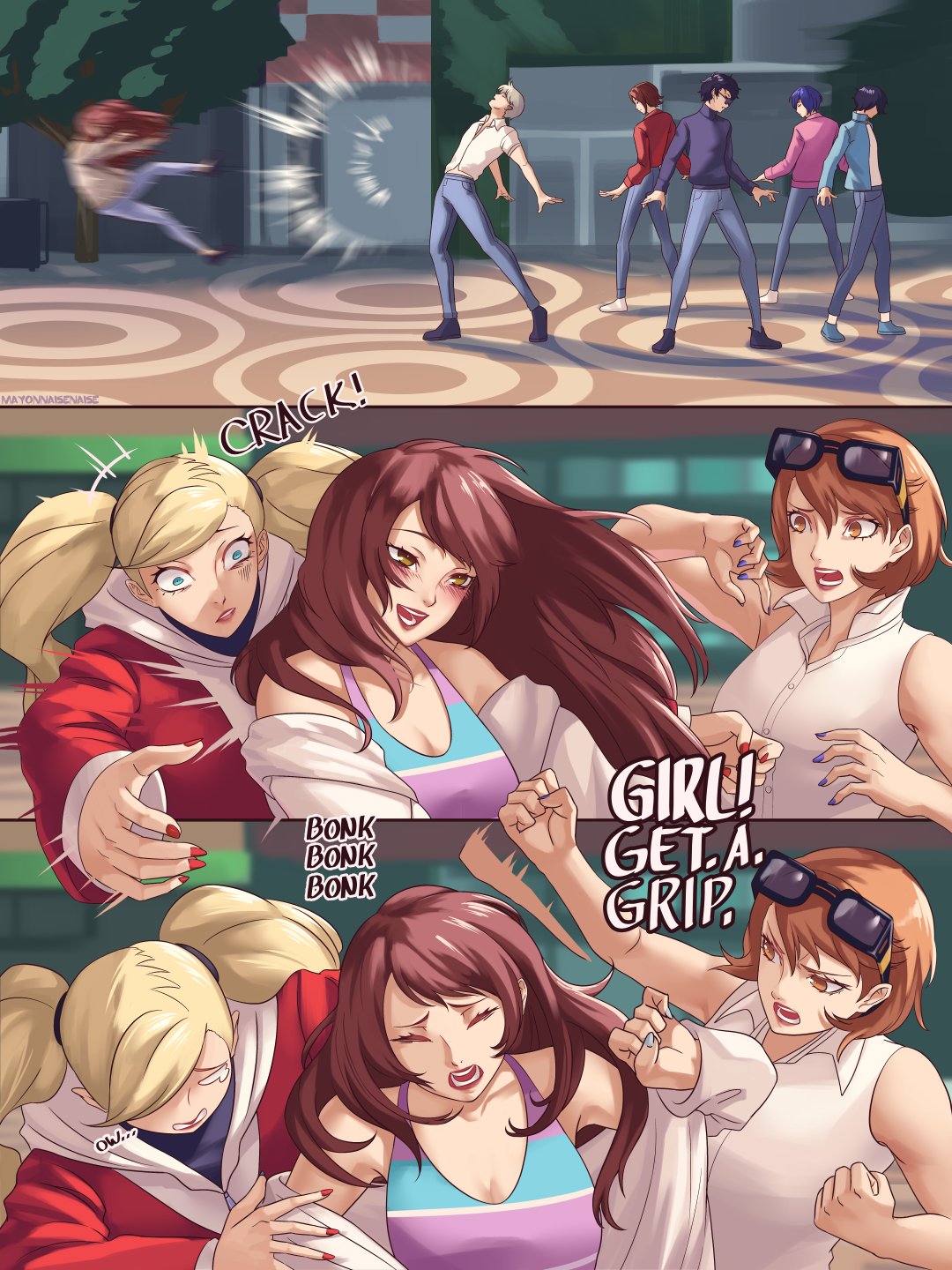 mayonnaisenais3, amamiya ren, kujikawa rise, narukami yu, suou tatsuya, takamaki anne, takeba yukari, toudou naoya, yuuki makoto (persona 3), kpop demon hunters, persona, persona 1, persona 2, persona 3, persona 4, persona 5, commentary, english commentary, highres, 3girls, 5boys, bare shoulders, black hair, black sweater, blonde hair, blue eyes, blue hair, blue nails, blue pants, blurry, blurry background, bonk, brown eyes, brown hair, dancing, denim, eyewear on head, full body, glasses, grey hair, hood, hood down, hoodie, in-franchise crossover, jeans, long hair, looking at another, motion blur, motion lines, multiple boys, multiple girls, nail polish, pants, parody, pink shirt, red nails, red shirt, scene reference, shirt, short hair, sleeveless, sleeveless shirt, standing, sunglasses, sweater, tarot, the lovers (tarot), trait connection, turtleneck, turtleneck sweater, twintails, upper body, white shirt