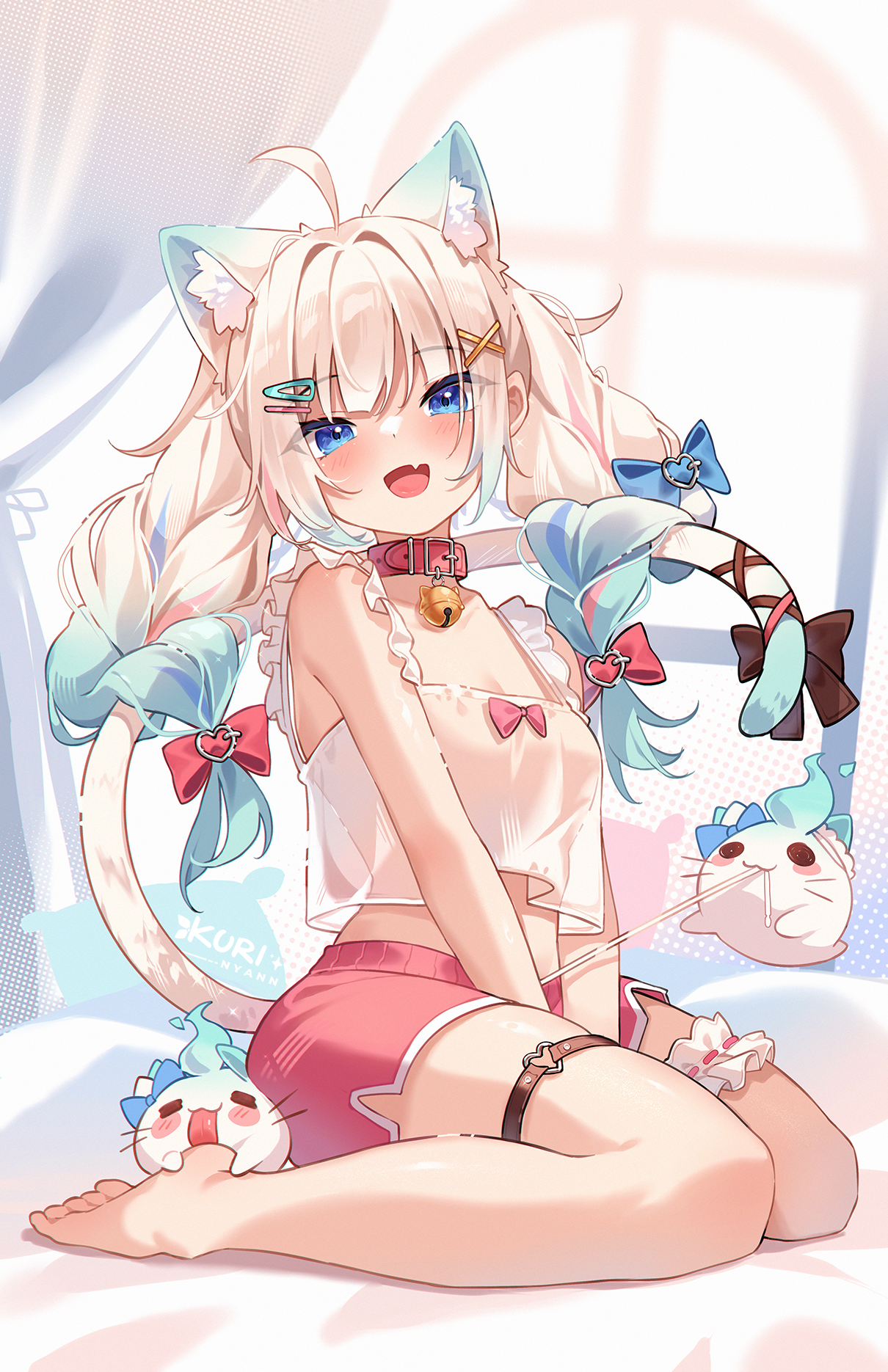 kuri (animejpholic), mint fantome, mint fantome (otaku), wisps (mint fantome), indie virtual youtuber, commentary, english commentary, highres, 1girl, ahoge, animal ear fluff, animal ears, barefoot, bell, between legs, blue eyes, blurry, blurry background, bow, braid, breasts, camisole, cat ears, cat girl, cat tail, cleavage, collar, crop top, dolphin shorts, frilled thigh strap, full body, gradient hair, green hair, hand between legs, heart, heart o-ring, indoors, looking at viewer, low twin braids, midriff, multicolored hair, neck bell, o-ring, official alternate costume, official alternate hairstyle, pink collar, pink shorts, seiza, shorts, sitting, small breasts, solo, tail, tail bow, tail ornament, thigh strap, twin braids, virtual youtuber, white camisole, white hair