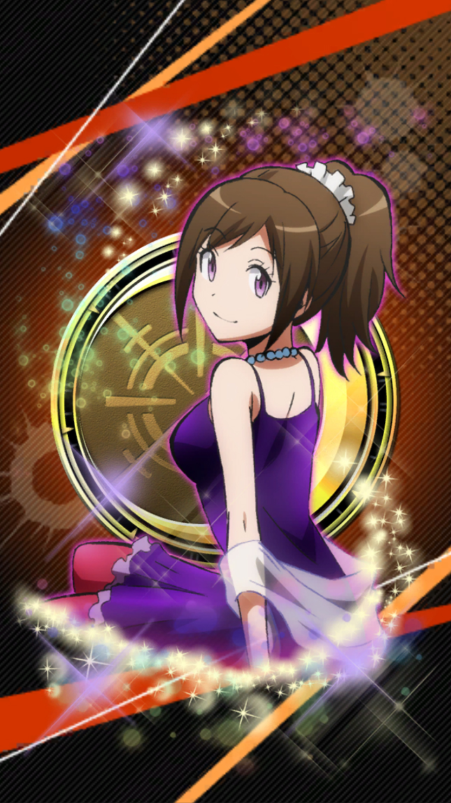 morita kazuaki, yada touka, ansatsu kyoushitsu, official art, 1girl, anime coloring, breasts, brown hair, closed mouth, cowboy shot, dress, from behind, glowing, hair ornament, hair scrunchie, jewelry, large breasts, necklace, orange background, pantyhose, plaid background, ponytail, purple dress, purple eyes, purple pantyhose, scrunchie, shawl, short hair, sidelocks, sitting, smile, solo, white scrunchie