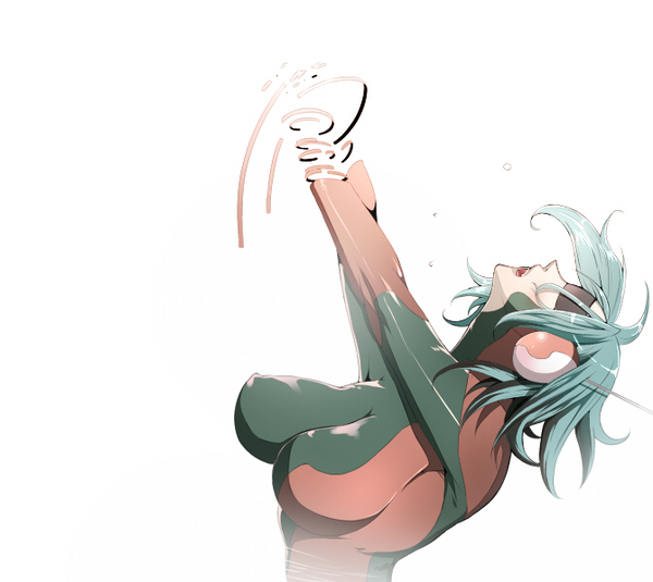 akishima kei, mayotome, original, bad id, bad pixiv id, 1girl, arms up, blindfold, blue hair, bodysuit, breasts, dissolving, female focus, green hair, headphones, large breasts, looking up, open mouth, short hair, simple background, solo