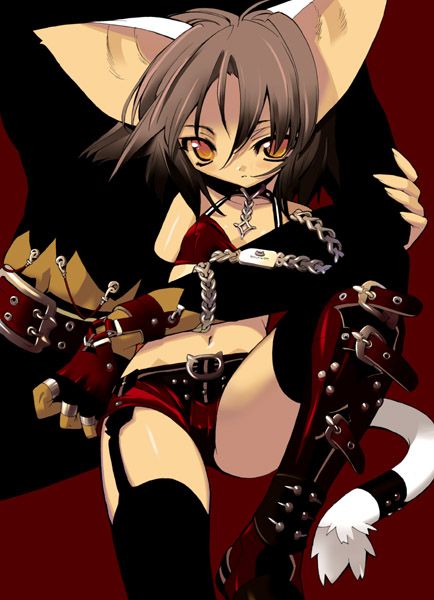 blade (galaxist), 1girl, animal ears, boots, brown hair, buckle, cat ears, cat tail, chain, garter belt, holding, legs, looking at viewer, navel, orange eyes, short hair, sitting, tail, tail ornament, thighhighs