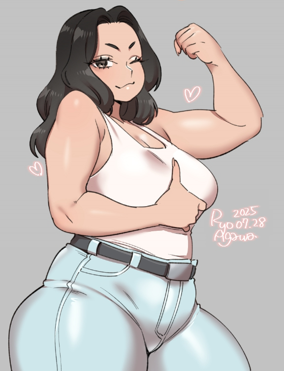 agawa ryou, original, commentary, english commentary, 1girl, :3, arms up, artist name, bare shoulders, black hair, blush, breasts, brown eyes, cowboy shot, dated, denim, flexing, forehead, grey background, heart, jeans, large breasts, legs, light blush, long hair, looking at viewer, one eye closed, pants, plump, short eyebrows, signature, simple background, solo, thighs