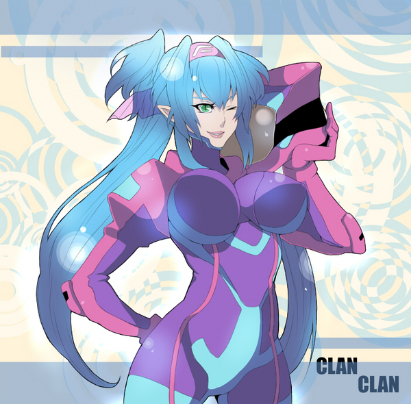 akishima kei, mayotome, klan klein, macross, macross frontier, bad id, bad pixiv id, 00s, 1girl, blue hair, bodysuit, breasts, female focus, gloves, green eyes, headband, helmet, large breasts, long hair, one eye closed, pointy ears, purple bodysuit, solo, twintails, very long hair, wink
