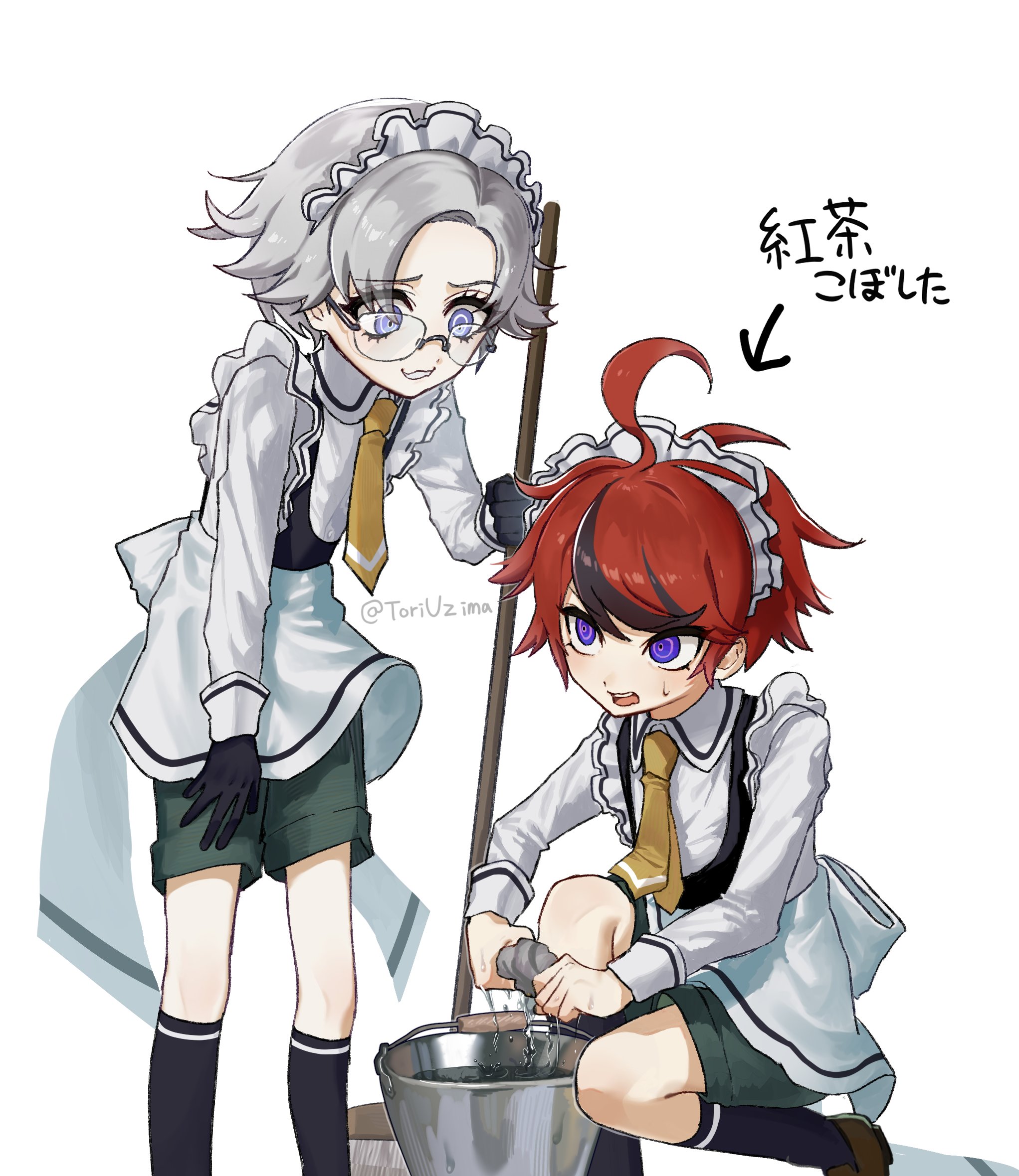 aotsuki eito, sumino takumi, the hundred line -last defense academy-, commentary request, highres, 2boys, ahoge, alternate costume, apron, arrow (symbol), black hair, black socks, blue eyes, brown shoes, bucket, collared shirt, crossdressing, crossdressing (mtf), enmaided, eyelashes, glasses, green shorts, grey hair, grin, hand on own thigh, holding, holding cloth, holding mop, kneehighs, maid, male focus, male maid, mop, multicolored hair, multiple boys, necktie, open mouth, red hair, shirt, shoes, short hair, shorts, simple background, smile, socks, streaked hair, sweat, teeth, toriuzima, tsurime, twitter username, two-tone hair, upper teeth only, white apron, white background, white shirt, wringing, yellow necktie