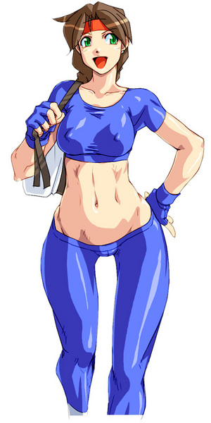 qkat (arikawa-dou), yuri sakazaki, ryuuko no ken, snk, the king of fighters, image sample, pixiv sample, resized, abs, braid, breasts, brown hair, covered erect nipples, fingerless gloves, gloves, green eyes, headband, large breasts, midriff, muscular, navel, single braid, spandex, standing, thigh gap, thighs