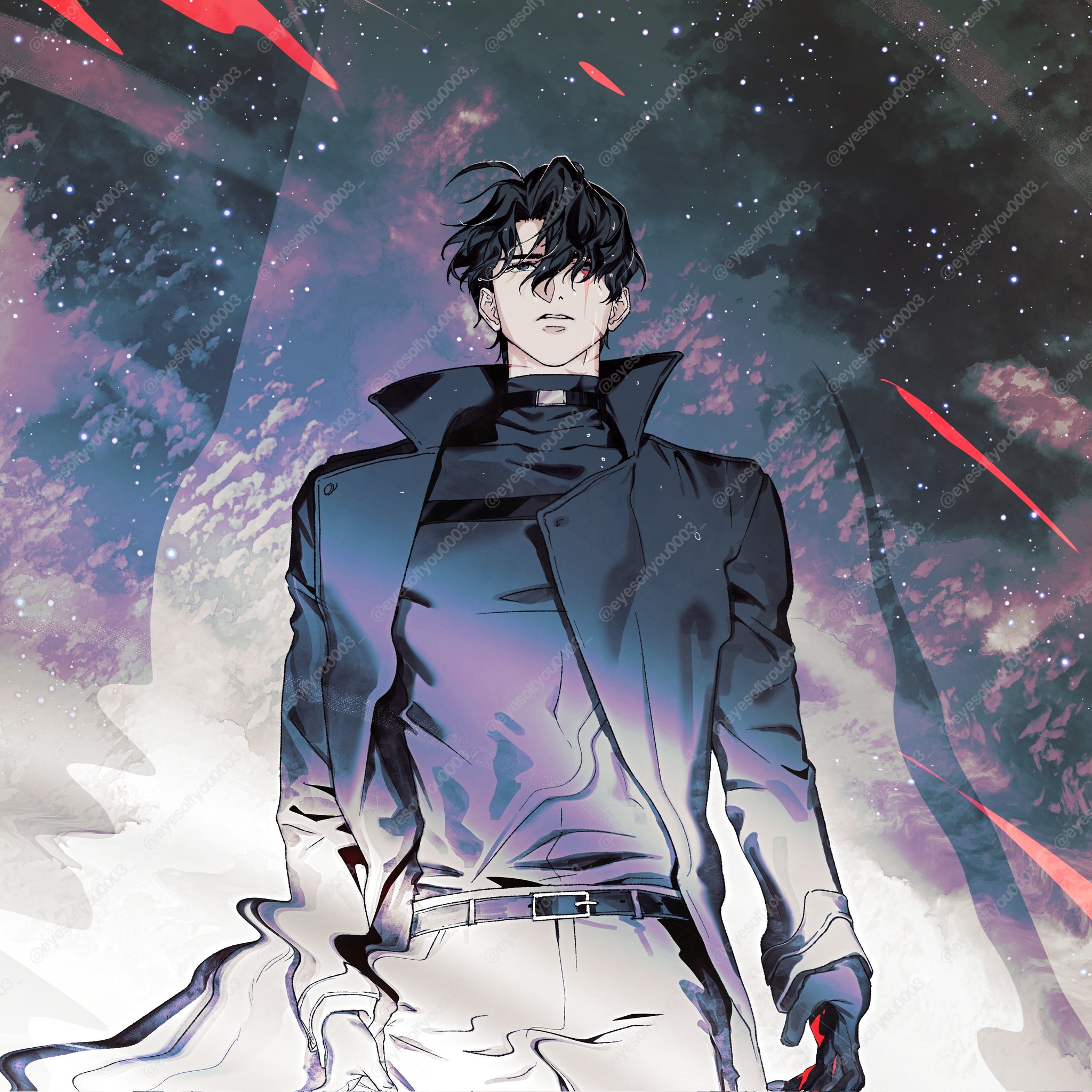 yoo joonghyuk, omniscient reader's viewpoint, highres, 1boy, belt, black coat, black gloves, black hair, black shirt, blood, blood on face, blood on hands, bloody tears, coat, cowboy shot, crew neck, curtained hair, eyesoffyou0003, gloves, hair over one eye, image warping, looking at reflection, male focus, open clothes, open coat, popped collar, reflection, reflection focus, ripples, shirt, short hair, single glove, solo, standing