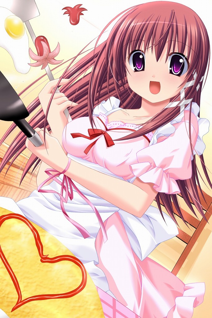 choco chip, fumitsuki hotaru, atelier kaguya, school project, game cg, 1girl, :d, apron, cooking, dress, egg, female focus, food, food art, frying pan, happy, heart, ketchup, long hair, multicolored eyes, omelet, omurice, open mouth, pink hair, purple eyes, red hair, smile, solo, tako-san wiener