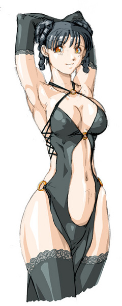 qkat (arikawa-dou), lei fang, dead or alive, tecmo, image sample, pixiv sample, resized, 1girl, armpits, arms behind head, black hair, breasts, chinese clothes, cleavage, covered erect nipples, dress, elbow gloves, female focus, gloves, large breasts, midriff, navel, smile, solo, thick thighs, thighhighs, thighs, wide hips, yellow eyes