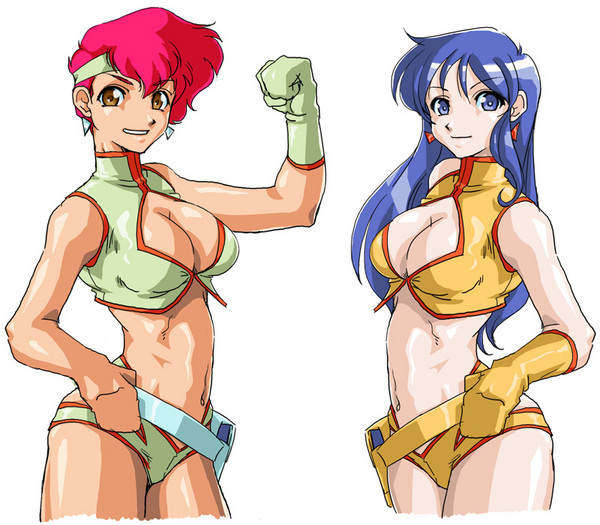 arikawa, kei (dirty pair), yuri (dirty pair), dirty pair, resized, 2girls, 80s, blue eyes, blue hair, breasts, brown eyes, cleavage, gloves, long hair, midriff, multiple girls, pink hair, pixiv thumbnail, retro artstyle, short hair, smile