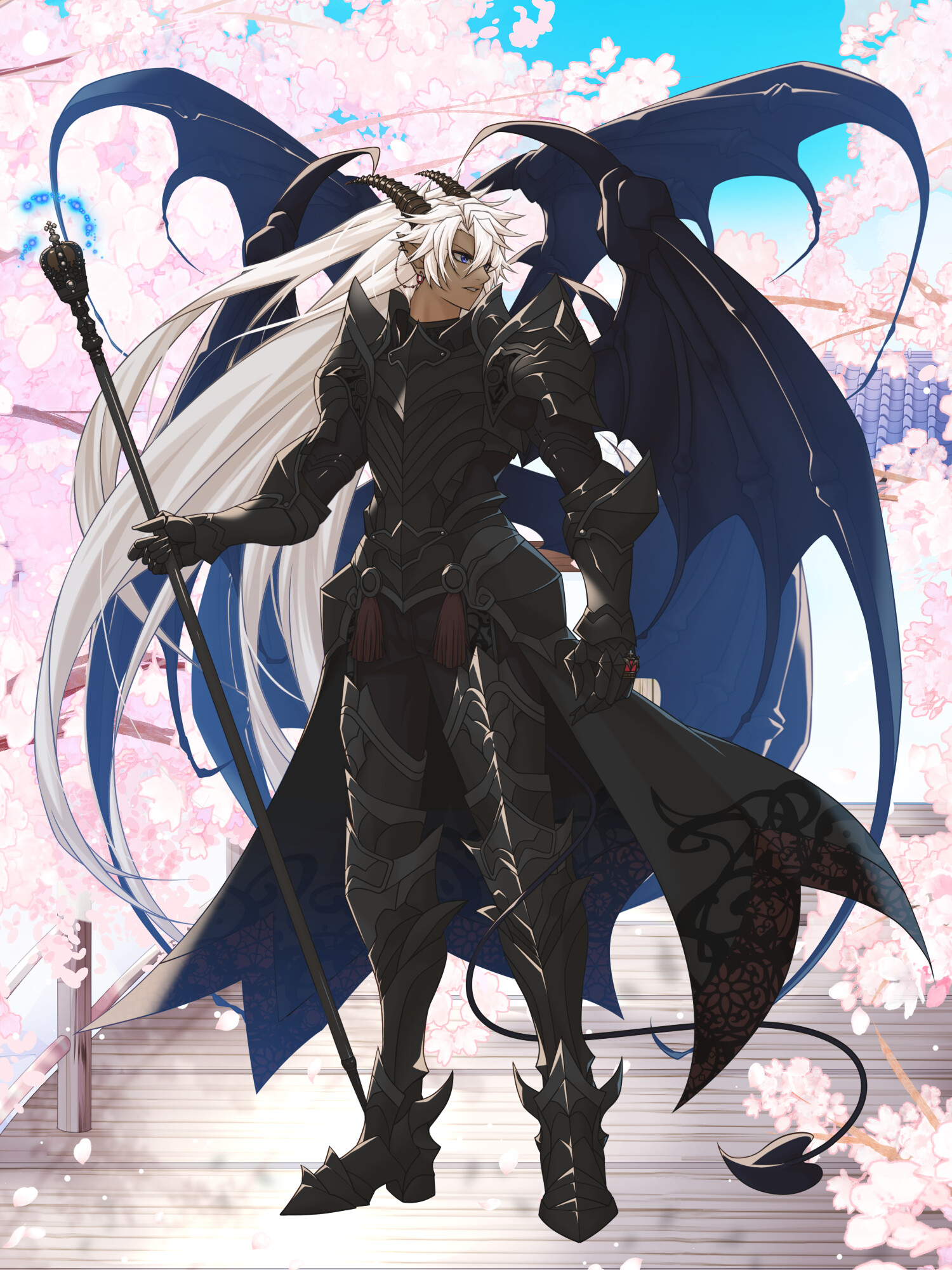 highres, 1boy, armor, black armor, black boots, black gloves, black horns, black wings, blue eyes, boots, crusade vistark, dark skin, demon tail, demon wings, earrings, full body, gauntlets, gloves, hair between eyes, holding, holding staff, horns, jewelry, koan vw, long hair, male focus, outdoors, pointy ears, root eden, staff, standing, tail, very long hair, white hair, wings
