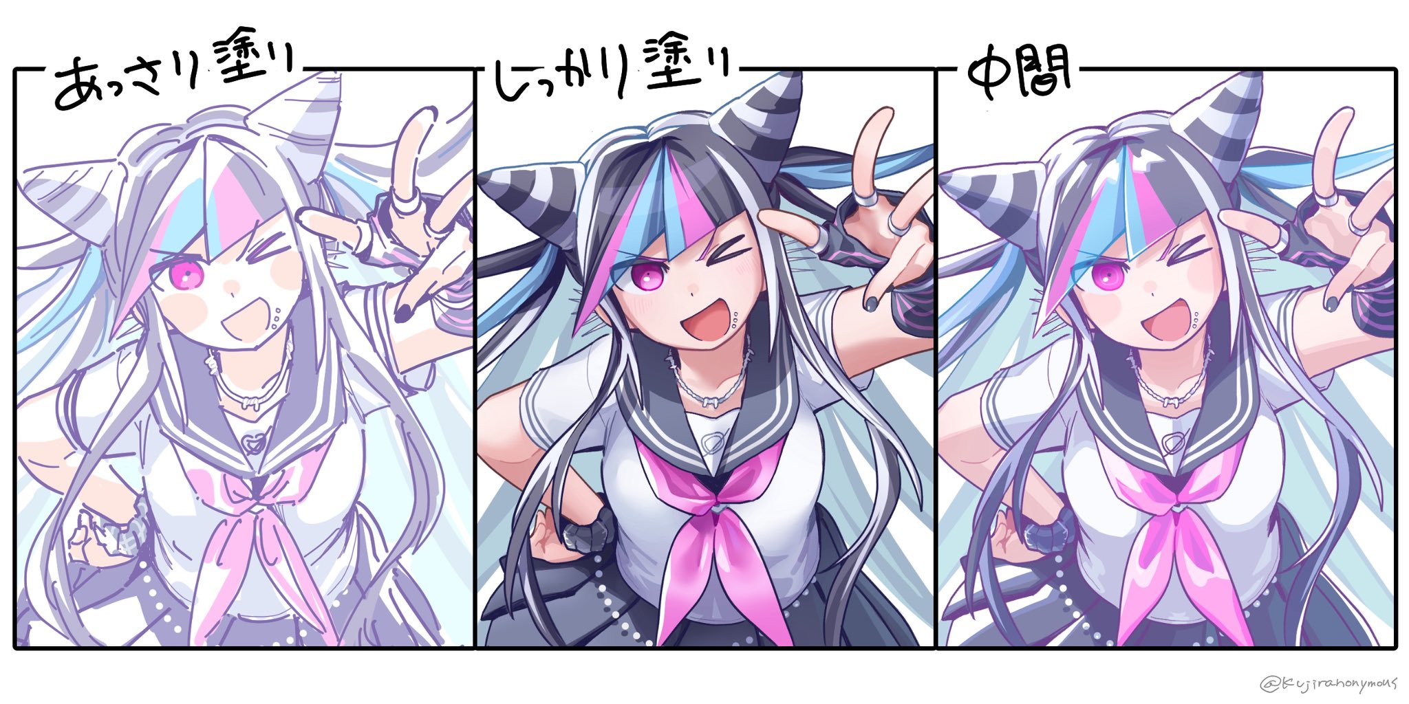 mei guchuan, mioda ibuki, danganronpa (series), danganronpa 2: goodbye despair, highres, 1girl, ;d, black hair, black nails, black sailor collar, black skirt, fingerless gloves, gloves, hand up, long hair, multicolored hair, multiple views, nail polish, one eye closed, open mouth, pink eyes, pink hair, pleated skirt, sailor collar, school uniform, scrunchie, shirt, short sleeves, skirt, smile, white hair, white shirt, wrist scrunchie