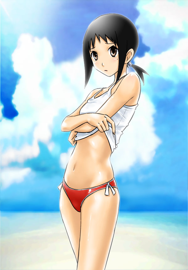 sakebuotoko, kaga ai, sayonara zetsubou sensei, bad id, bad pixiv id, 00s, 1girl, beach, bikini, black hair, blush, brown eyes, cloud, day, female focus, flat chest, mole, mole under eye, outdoors, ponytail, red bikini, short hair, sky, solo, swimsuit, undressing