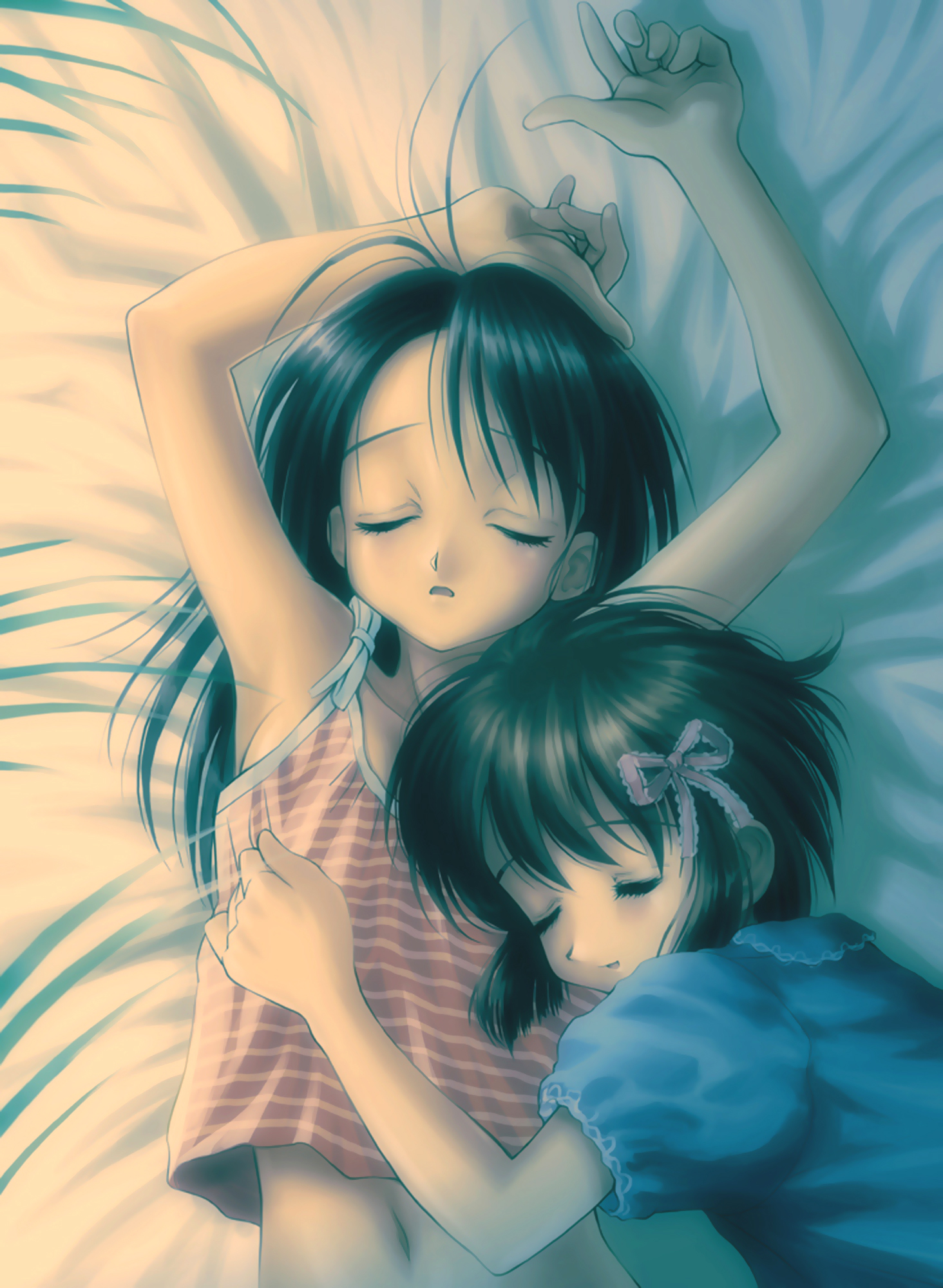goto p, highres, 2girls, black hair, brown hair, long hair, multiple girls, ribbon, sleeping