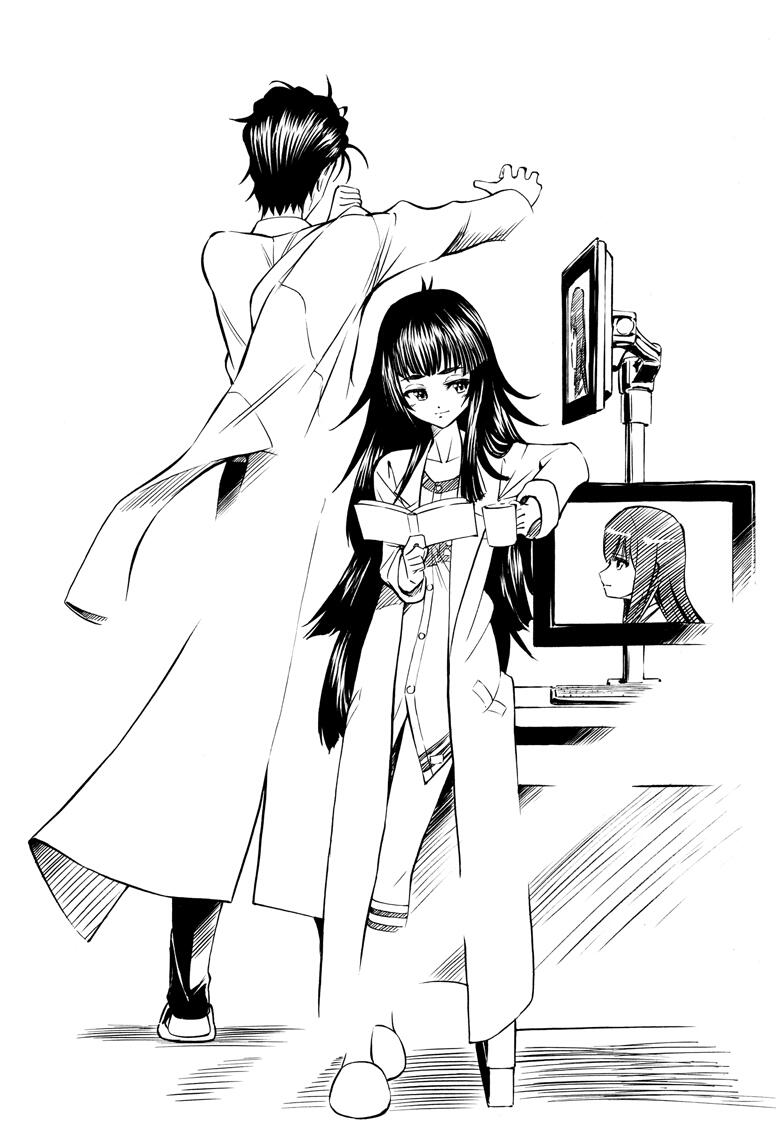 eibon, hiyajou maho, makise kurisu, makise kurisu (amadeus), okabe rintarou, science adventure, steins;gate, steins;gate 0, tagme, 1boy, 2girls, dress, from behind, greyscale, looking back, monitor, monochrome, multiple girls, short hair, slippers, smile, socks, striped clothes, striped socks, virtual reality