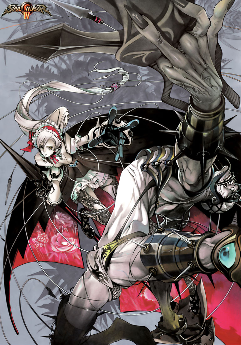 oogure ito, ashlotte maedel, voldo, soul calibur, soulcalibur, soulcalibur iv, silver hair, 1boy, 1girl, dagger, dress, drill hair, goth fashion, gothic lolita, iron maiden, katar, knife, lolita fashion, long hair, machine, pale skin, polearm, push dagger, spikes, weapon, yellow eyes