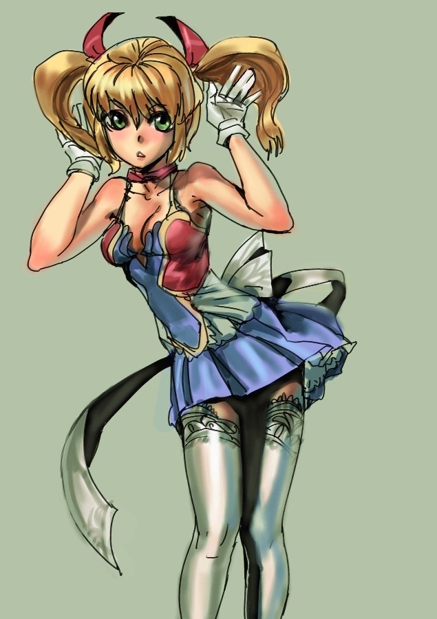 bow (bhp), original, 1girl, blonde hair, female focus, green eyes, ribbon, skirt, solo, thighhighs, twintails