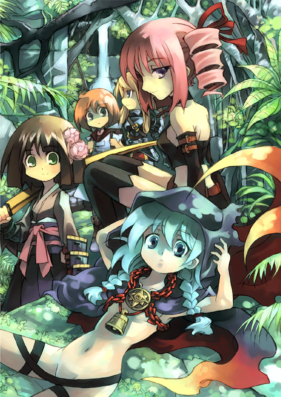 kouno hikaru, bushidou (sekaiju), bushidou 4 (sekaiju), curse maker, curse maker 2, dark hunter, dark hunter (sekaiju), dark hunter 4, medic (sekaiju), medic 2 (sekaiju), paladin (sekaiju), paladin 2 (sekaiju), atlus, etrian odyssey, black legwear, bad id, bad pixiv id, 5girls, armband, armor, armpits, arms up, back, backpack, bag, bell, belt, blonde hair, blue eyes, blue hair, bottomless, braid, breasts, brick, brown hair, censored, chain, choker, cloak, convenient censoring, crop top, dress, drill hair, everyone, fantasy, flat chest, flower, forest, frown, grass, green eyes, groin, hair flower, hair ornament, hair ribbon, hakama, hakama skirt, holding, japanese clothes, kimono, leaf, long hair, looking at viewer, looking back, lying, midriff, multiple girls, nature, naughty face, navel, no bra, obi, on back, on ground, open clothes, orange hair, over shoulder, paladin, pink hair, profile, purple eyes, ribbon, sailor dress, samurai, sash, short hair, short shorts, shorts, sideboob, sitting, skirt, smile, standing, strap, sword, thighhighs, tree, twin braids, twin drills, twintails, underboob, weapon, weapon over shoulder, zettai ryouiki